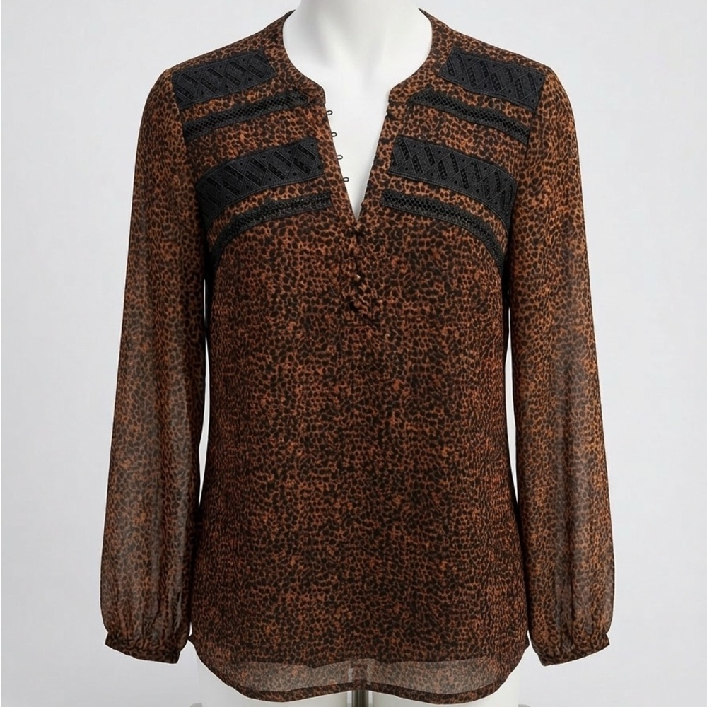 White House Black Market Brown Leopard Print Blouse with Black Lace Panels